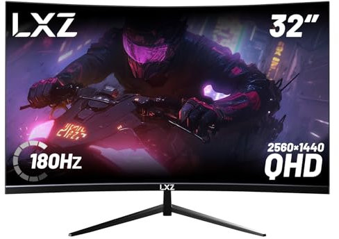 LXZ Curved 32 Inch Gaming Monitor 1500R, 2K QHD 180hz Frameless Display 99% sRGB, 178°Wide Viewing Angle, Display Port HDMI - Black