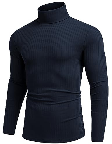 COOFANDY Jersey de Cuello Alto para Hombre T Shirt Camisa de Manga Larga Casual y Cálida Invierno Azul Oscuro L