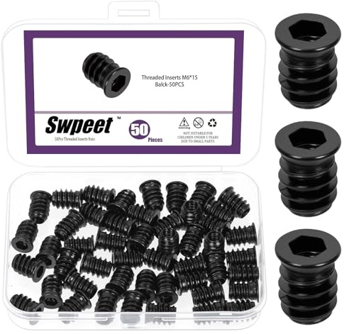 Swpeet 50 pezzi dadi filettati con inserto M6×15 zincati, inserti filettati con azionamento esagonale, connettore di fissaggio con filettature interne, inserti filettati per legno per viti per mobili