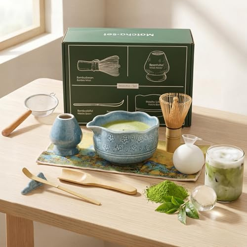 VONATES Blue Matcha Set 9 Piece Japanese Tea Ceremony Kit with Ceramic Bowl Bamboo Whisk Chasen and Scoop Complete Matcha Starter Making Kit for Hot or Iced Tea