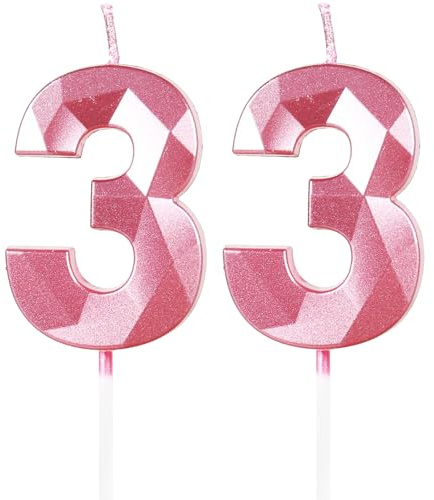 Yiran Pink 33rd Birthday Candles, Number 33 Happy Birthday Candles, Pink Cake Topper Decorations for Birthday Party, Wedding Anniversary Celebration Supply for Girls Women