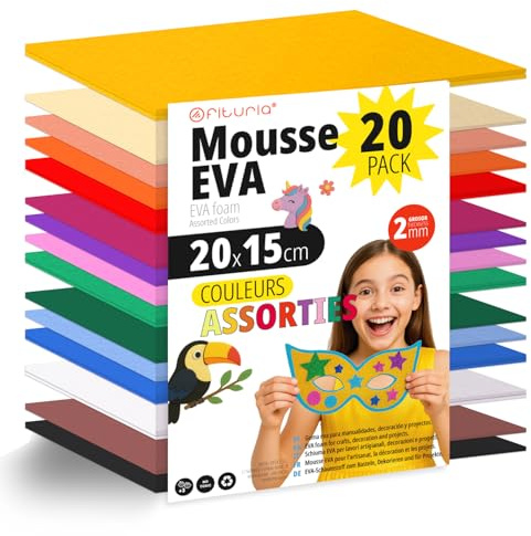 OFITURIA Lot de 20 Feuilles Mousse EVA, Couleurs Assorties, Format 20x15 cm, 15 Couleurs Différentes, Idéal pour Loisirs Créatifs, Bricolage, École, Art ou Usage Professionnel (Sans Paillettes)
