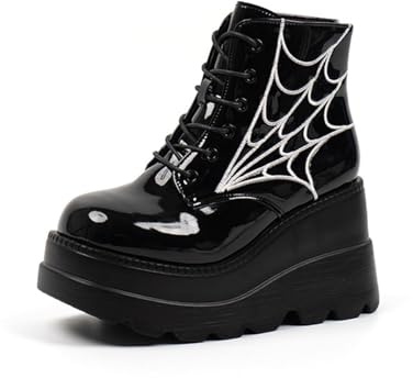 Edelaura Stivali di Plateau da Donna Eleganti Neri con Tacco a Zeppa Stile Gothic Punk Stivaletti con Lacci a Motivo di Ragnatela Stivaletti Casual in Vernice Stivali da Moto