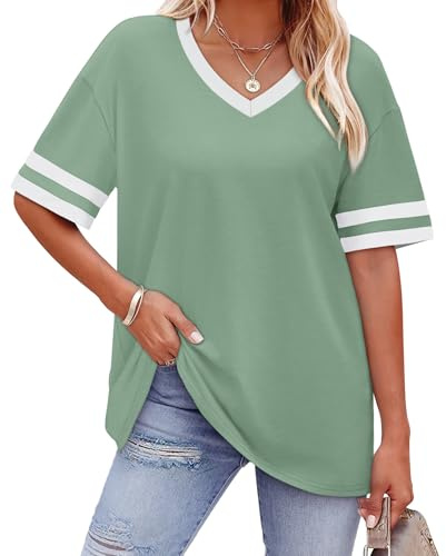 Wiholl Tunics or Tops to Wear with Leggings Womens Clothes Spring Tops for Women Trendy 2026 Plus Size Blouses for Women Dressy Casual V Neck T Shirts Vacation Outfits Sports Style Color Block Tee 3XL