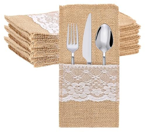FUNSUEI 50 Stück Jute Bestecktaschen, 11 x 21 cm Natur Leinen mit Spitze Besteckbeutel Besteckkasten Klein, für Hochzeit Party
