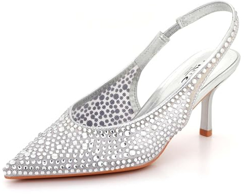 AARZ LONDON Womens Crystal Diamante Slingback Stiletto Heel Sandals Pointed Toe Evening Wedding Party Prom Comfortable Mid Heel Ladies Pumps Silver Shoes Size 6 UK 39 EU