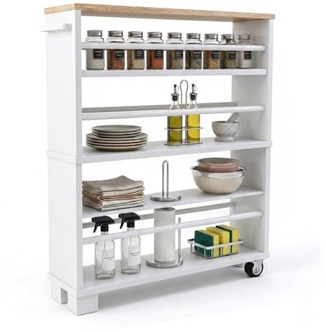 Relaxdays Carrito para nichos, 80x13x50 cm, Blanco Natural | estrecho para baño y cocina, 4 estantes, con ruedas y asa