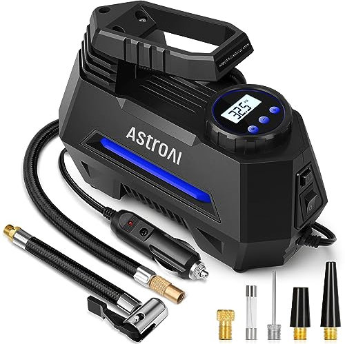 AstroAI Tyre Inflator Air Compressor 12V DC, 35LPM 100W Powerful Portable Car Tyre Pump Auto-Stop with Digital Pressure Gauge, 4 Valve Adaptors and LED Light, Car Accessories
