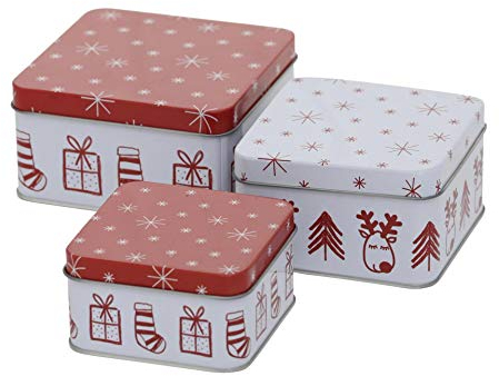 CasaJame 3er Set Metall Keksdose Plätzchendose eckig Weihnachten Rentier rot weiß Sortiert H5-6cm