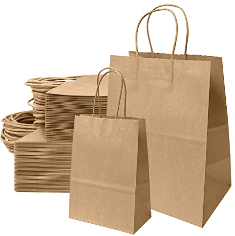 50Stk Papiertaschen Mit Henkel, Groß Braun, Geschenktüten, Kraftpapiertüte, Tüten Papier, Verdicken 21 x 8 x 15 cm, 21 x 14 x 27 cm