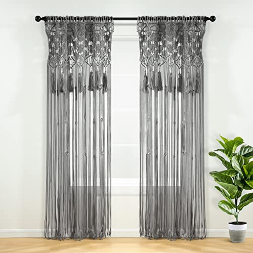 Lush Decor Boho Macrame Tassel Cotton Window Curtain/Room Divider/Wedding Backdrop/Wall Decor, 84 L x 50 W, Gray