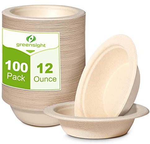 greensight 12oz Paper Bowls Disposable, 100 Pack Eco-friendly Compostable Bowls, Party Serving Bowls For Salad, Ice Cream, Dessert And Hot Soup, Heavy Duty Biodegradable Bowls Made Of Sugarcane