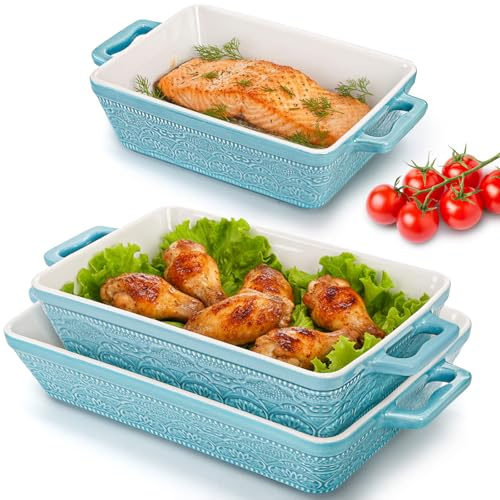 Hacaroa Set of 3 Ceramic Baking Dishes, Rectangular Bakeware with Handles, Elegant Casserole Dish Set Lasagna Pan for Baking, Cooking, Cake Dinner, Banquet, Lake Blue, 3 Sizes