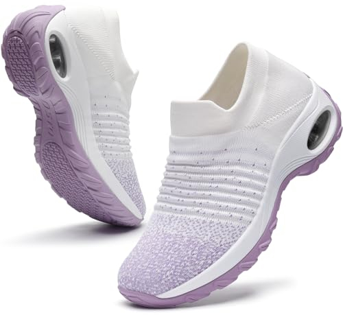 HKR Slip on Women Trainers Walking Shoes Breathable Mix White Purple UK 6