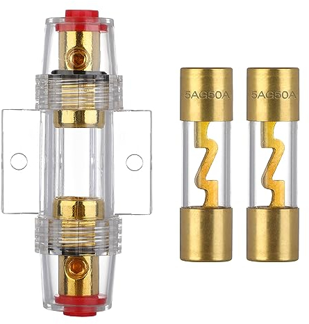 VEXUNGA AGU Sicherungshalter 50A Vergoldet Glassicherung Inline für Auto Audio Power Schutz Mit 2 Stück 50 Ampere AGU Sicherung Glasrohr