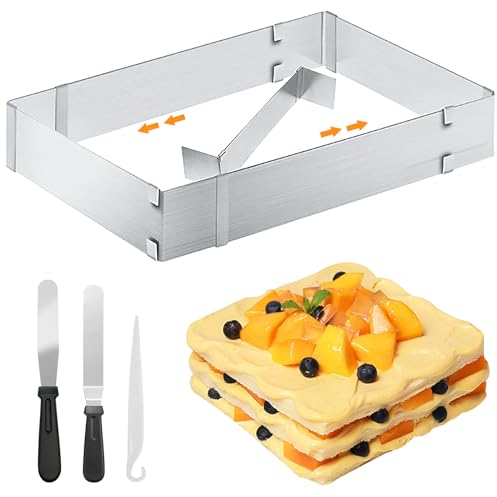 QEEYON Stampo Rettangolare Torta, in Acciaio Inox Telaio da Forno Rettangolare Regolabile, 53x33x5cm (Max) per Torte,Cuocere e Decorare