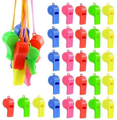 WACH AUF 60 Stück Trillerpfeife Kinder 5 Farben Trillerpfeifen Plastik Pfeifen Kindern mit Umhängeband Sportpfeifen Set Laut Notfall Schiedsrichterpfeife Pfeife für Studenten Trainer Lehrer Schulsport