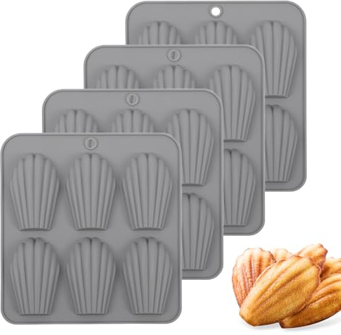 BIGOWL 4 Pack Madeleine Pans for Baking, 6 Cavity Shell Shape Baking Mold Nonstick Cookie Cake Pan for Oven (Grey)