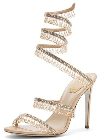 Gikleihwy Women's Lace Up Stiletto High Heel Rhinestone Sparkly Ankle Strap Open Toe Sexy Stiletto Sandals Diamond Wrap Up Dress Heels(Beige,6 UK)