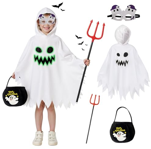 OUMDON Deguisement Halloween Fantôme Enfant: Costume Fantome Enfant Avec Sac à Main Fourchette du Diable et Lunettes - Cape Fantôme Blanche pour Soirée Cosplay (XS 3-4ans)