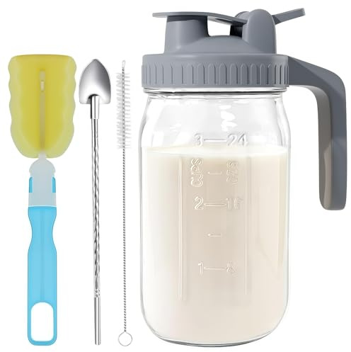 Lunayuomi® 32oz Glass Pitcher with Lid, Breast Milk Pitcher Jug with Brush&Spoon, Double Leak Proof, Creamer Container for Sun Tea, Juice, Cold Brew Coffee, Breastmilk Storage Container