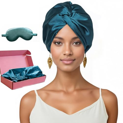 NEUJUS Bonnet de nuit en soie pour des cheveux sains et longs | Le bonnet de nuit en soie prévient les frisottis, les cassures et les pointes fourchues | en pour femmes aux (Pétrole)