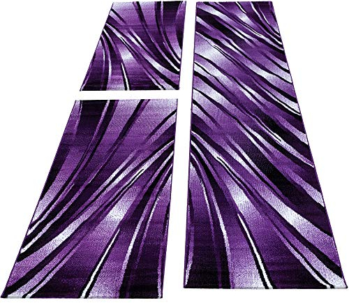 HomebyHome Alfombra Alrededor de la Cama Pila Corta Diseño de Ondas abstractas Dormitorio Suave Rectangular 3 Partes de Corredor Púrpura, Juego de Cama:2X 80x150 + 1x 80x300 cm