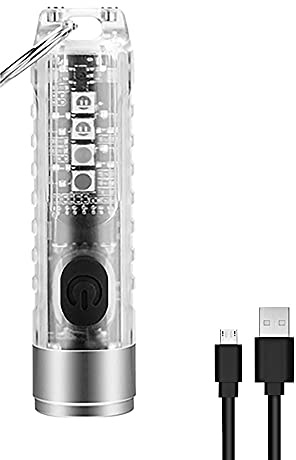 BORUIT Mini LED-ficklampa, handhållen ficklampa, 400 lumen utomhus uppladdningsbar hög ljus multifunktionell nyckelring ficklampa, med UV-ljus och varningsljus, vattentålig för camping vandring (vit)