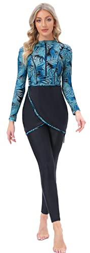 seafanny Maillot de Bain 3 pièces pour Femme Musulmane, Couverture complète, Hijab Burkini Modeste(Feuille de Palmier 40-42) L