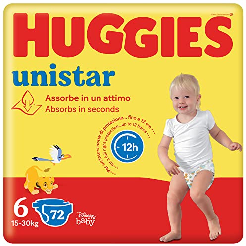 Huggies Unistar, Pannolini Taglia 6 (15-30 Kg), Design Disney, Protezione completa, 72 Pz