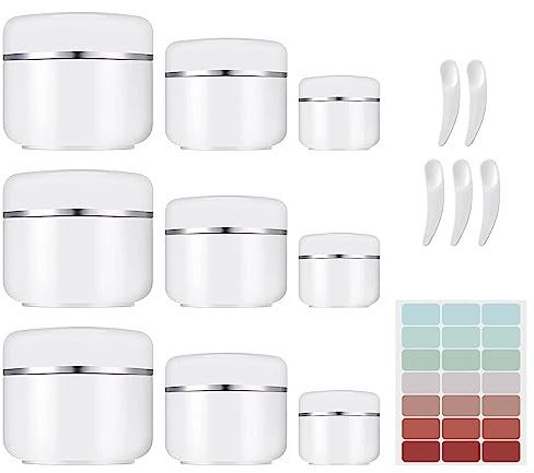 Döschen 9 Stück Leer Cremedose, Nachfüllbare Cream Container Weiss Reisebehälter Kosmetik mit Spatel und Etikett, Creme Dosen zum Befüllen für Make Up Cremes Lotionen Lippenstift 30/50/100ML