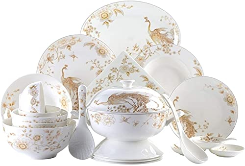 BALAMI Speiseteller Set 50-teilig Weiß & Gold Bone China Geschirr Set Tischplatten Weiß Porzellan Rund Geschirr Sammlung Service für 10