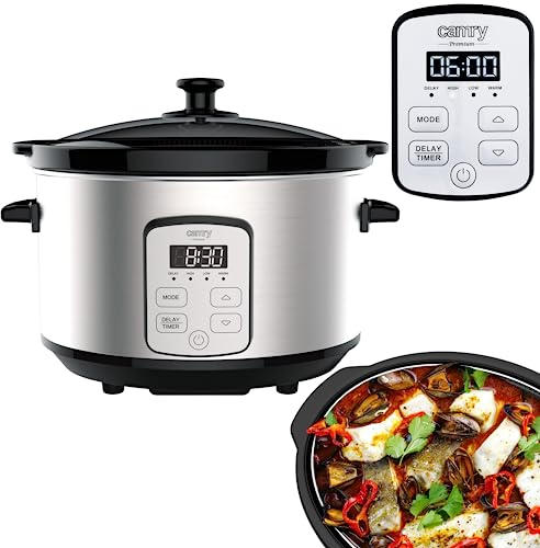 Camry Fornello lento da 4,7 l, vaso in ceramica, coperchio in vetro temperato, funzione di mantenimento del calore, ritardo di avviamento, timer