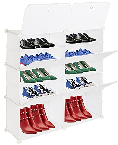LEADZM Schuhschrank, 5-stufiger Schuhregal, Steckregal aus Kunststoff, mit Türen, Schuhaufbewahrung für 20 Paar Schuhe,für Schrank Flur Schlafzimmer, 80 x 30 x 90 cm, Weiß