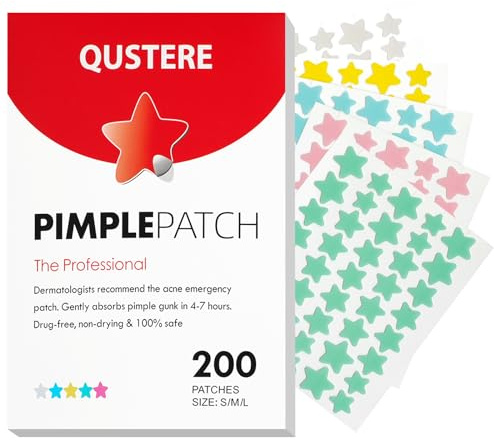 QUSTERE Pimple Patches for Face, Hydrocolloid Acne Patches, Cute Star Zit Covers, Colorful Spot Stickers with Tea Tree, Salicylic Acid & Cica Oil| 3 Sizes (10mm, 12mm & 14mm) |200 Count