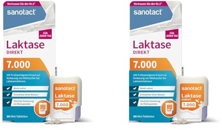 sanotact Laktase 7.000 Direkt • 90 Mini-Laktose Tabletten mit Sofortwirkung + hochdosiert • Bei Laktoseintoleranz + Milchunverträglichkeit (Packung mit 2)
