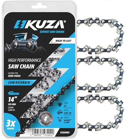 14 Inch Chainsaw Chain 3/8 LP Pitch, 050 Gauge, 52 Drive Links, German Steel, fits Husqvarna 120i, 135, Echo CS-310, Ryobi RY3714, Makita XCU03, EGO, WORX, POULAN and more - S52 (3 Chains)