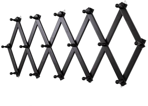 SCUNDA Accordion Wall Hanger with 16 Hooks, Wooden Wall Expandable Coat Rack for Coat, Hats, Baseball Caps, Coffee Mug, Jewelry(Black)
