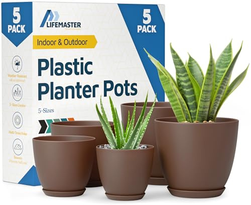Lot de 5 Pots de Fleurs en Plastique avec Trous de Drainage - Légers, durables et Peu encombrants - pour l'intérieur et l'extérieur - Fonctionnalité Polyvalente - Design Simple et Moderne - Marron