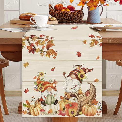 Bonhause Tischläufer Herbst Kürbis Zwerge Tischläufer Ahornblätter Erntedank Saisonnal Küche Esstisch Dekoration für Drinnen Draußen Urlaub Party Waschbar Wohnkultur Tafeltuch (33 x 183 cm)
