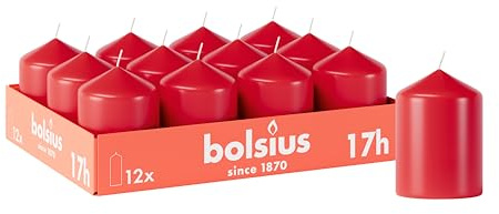 Bolsius Smooth Pillar Candles - Red - Pack of 12-8 x 6 cm - Decorative Household Candles - Burn Time 17 Hours - Unscented - Contains Natural Plant Wax - Without Palm Oil