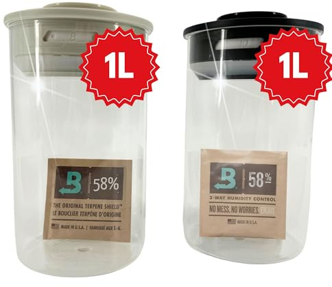TronicXL 2 x 1 liter, XXL, vakuum örter, borosilikat, glas, förvaring, förvaringsburk, skörd, 1 000 ml, lufttät glasbehållare med lock, kompatibel med Boveda Pack 58 % odlad skörd, förvaringsburkar 2