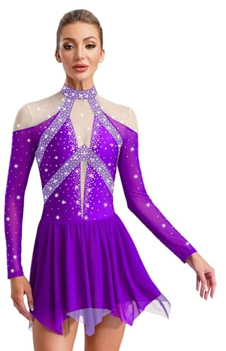 CHICTRY Abito da Pattinaggio Artistico Donna Body da Ginnastica e Danza con Paillettes Leotard da Balletto a Manica Lunga Costume di Samba Rumba Jazz Dancewear Viola S