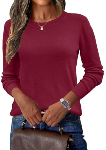 Joligiao Pull Tricoté en Cachemire pour Femme Chic et Élégant Pulls Col Rond Pulls en Tricot Leger Automne Hiver Chaud Pulls Cachemire Couleur Unie Pull Laine Femme en Tricot (Rouge vin,M)