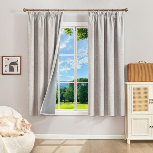 Runyéla 100 % mörkläggningsgardiner, termiska gardiner, köldskydd, gardiner med rynkband, 140 x 120 cm (H x B), set om 2, linneutseende, gardiner, ogenomskinliga, gråvit, skjutgardiner, vardagsrum
