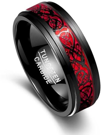 Vakki Herrenring 8mm Schwarz Wolfram Ring Keltische Drachen-Eheringe mit Rotes Opalpapier für Männer Größe 53(16.9)