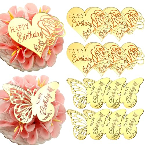 12 Pieces Happy Birthday Cupcake Toppers, Gold Mirror Acrylic, Butterfly and Rose Heart Design Cake Topper