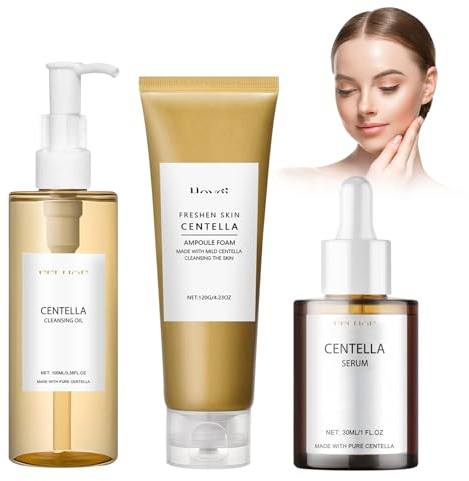 3PCS Centella Cleansing Oil + Siero Asiatica + Detergente Viso, Madagascar Centella Skincare Kit, Poremizing Deep Cleansing Foam, Olio Detergente Viso, Specialmente per pelli sensibili