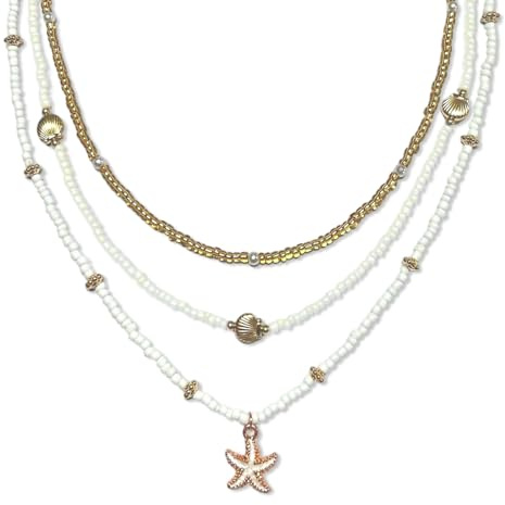 RICUHJIAJU Collana Conchiglie Donna, Conchiglie Collane Bohémien, Collana da Donna con Conchiglie Stratificato, Collana con Stella Marina Elegante per Uno Stile Estivo Da Spiaggia (3 pcs-C)