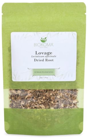 Biokoma Lovage Dried Root 50g (1.76oz) in Resealable Moisture Proof Pouch - Herbal Tea, No Additives, No Preservatives, Kosher